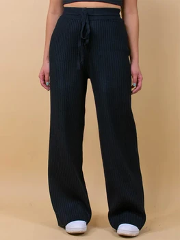 Дамски широки потници панталони в рубчик ежедневна свободно, намаляване, пуловери с висока талия, панталони-дворец с еластичен ластик на талията и завязками.
