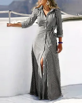 Секси рокличка с ревера, дълъг ръкав, копчета, Макси, елегантна риза, сарафан, Есенна мода 2023