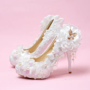 Сватбени обувки на висок ток с бели цветя, подарък за възрастни, фини обувки на големия размер на водоустойчив платформа, пролетно новост 2021 дамски обувки