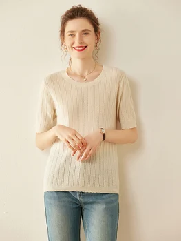 Модерен качеството на пролетно-есенния 100% вълнен пуловер, дамски пуловер с кръгло деколте, отворена риза, възли потници, облекло