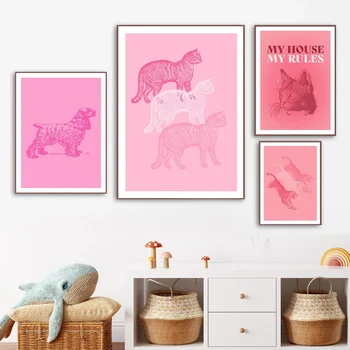 Розово Кокер-шпаньол в Минималистичен арт принт Ретро Естетичен плакат с тигър, Сладко домашни котки, модерен начало декор за спалня, живопис върху платно