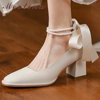 Meotina/ Дамски обувки от естествена кожа с каишка на щиколотке на блок токчета, Елегантни обувки-лодки, дамски обувки на висок ток с бантиком и мъниста, пролет-бежов цвят