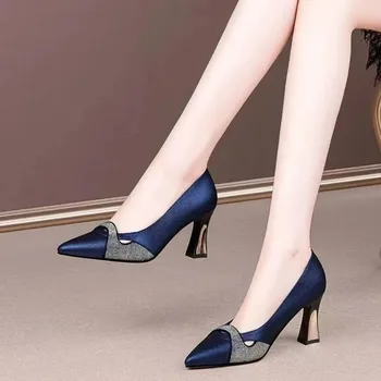 Дамски, класически обувки на висок ток WTEMPO тъмно син цвят с блестящи кристали, дамски пролетно-летни удобни стилни обувки-лодка дамски обувки