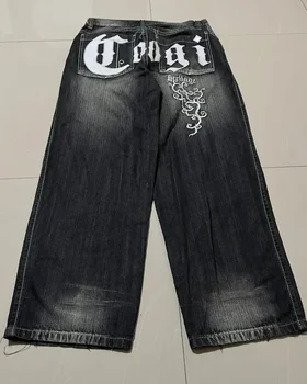 Y2K кожени джинси с бродерия, женски улични и хип-хоп с американски букви, выстиранные директни широки панталони, унисекс, ежедневни дънкови панталони