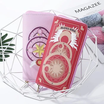 Аниме Card Captor SAKURA Портфейл Clow Card Дълъг портфейл от изкуствена кожа с цип за монети, чанта Kawaii Момиче Gift