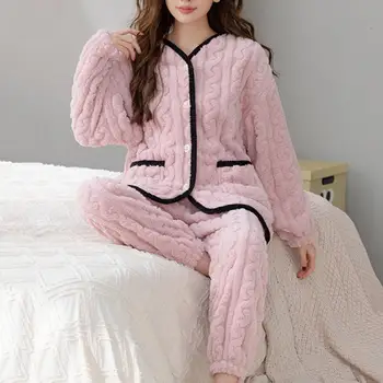 Жена комплект дрехи за дома Уютна зимна домашно облекло Плюшено пижамный комплект в тон с палтото с V образно деколте и панталони с еластичен ластик на кръста за жените, за жените