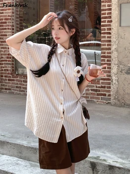 Шарени ризи, дамски лятна мешковатая градинска дрехи, модни и ежедневни облекла в корейски стил с къс ръкав, която е популярна в колежа Ежедневно