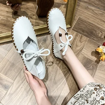 Нови бели дамски обувки с дантела-голям размер 42, леки дамски обувки на плоска подметка със затворени пръсти, Дишащи дамски работна обувки с ниско деколте
