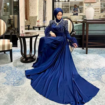 Арабски Дубай, съвременните мюсюлмански рокли за бала с мъниста, ръкави с пера, вечерни рокли Русалка Кафан, Вечерна рокля в сгъвката, Сатен, Хиджаб, вечерна рокля E10045