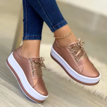 2023 Нова мода дамски ежедневни обувки на платформа Универсална ежедневни обувки за ходене Однотонная вулканизированная обувки дантела Zapatos Mujer