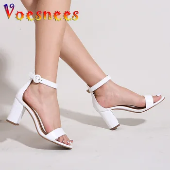 Дамски сандали на дебел ток от марката Voesnees, летни сандали на дебел ток 7,5 см, луксозен дизайн, дамски обувки на висок ток с отпечатан под формата на лента, с една дума