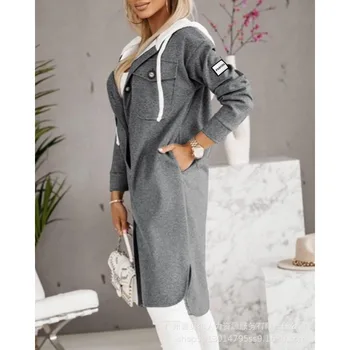 Однобортный дъждобран с джобове, връхни облекла, Модно палто със средна дължина Y2K с качулка, якета, дамско палто с качулка с дълъг ръкав