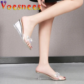 Voesnees/ Удобни Дамски чехли на танкетке, Лятна Чубрица PVC Прозрачни кристали, сандали с пайети, Прозрачна обувки на висок ток 6 cm