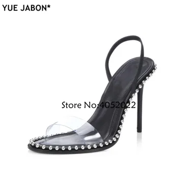 Най-новите дамски сандали от черно PVC на висок ток 2019 година, секси високи обувки с отворени пръсти и нитове, дамски летни обувки без закопчалка в римски стил