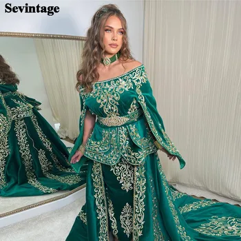 Бархатное вечерна рокля Sevintage в арабски стил Русалка с деколте лодка, Лейси апликация, 3 предмет, колан, рокля за бала с Дължина до пода, Алжирски облекло 2024 г.