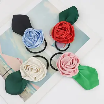 Романтичната Розова въже за коса, модерни 3D прическа, Завязки за коса с зелени листа, Аксесоари за коса, Еластична Цвете дъвка За жени и момичета