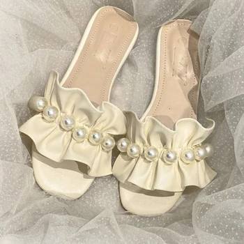 Пързалки Гумени обувки Дамски чехли на равна подметка с кристали и дамски сандали Rhenstone Лято 2023 Off White С отворени пръсти Отвън Jewels B