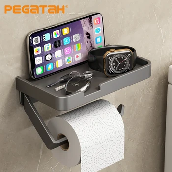 Държач за тоалетна хартия с полочкой за телефон, самоклеящийся притежателя на ролка тоалетна хартия, за баня, алуминиева притежателя на цигарена хартия на ролка