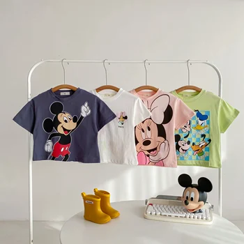 Тениска с изображение на Мики от Карикатура, Летни дрехи, Детски дрехи, Блузи, Тениски С къс ръкав За момчета, Тениски с кръгло деколте За момичета, Disney 1-6 Години