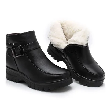 Женски нови модни зимни ботильоны от естествена кожа, дамски плюшени дебели изолирана зимни обувки, нескользящие непромокаеми обувки за мама