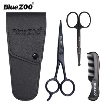 BlueZOO Гребен за брада, ножици за коса в носа, мъжки комплект за оформяне на брада и ножици за подстригване на брада Черна серия