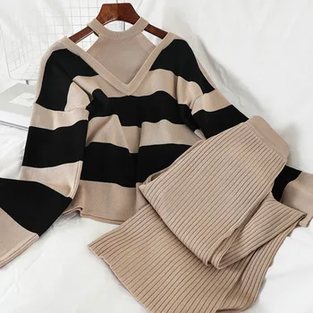 Есента модерен вязаный пуловер с открити рамене, женски Свободен шарен пуловер с дълъг ръкав, Тънки широки панталони, дамски комплект от две части на 2023 г.