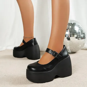 Дамски обувки Mary Jane, на платформа и на ток, ново 2023 г., по-Големи размери 36-42, Дамски обувки на танкетке, Есенна мода Черен обувки за партита в стил пънк