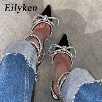Eilyken/ модни сатенени сандали-лодка; женски сватбени обувки с хрустальным папийонка на висок ток 8,5 cm; вечерни клубни танци, прозрачни обувки от PVC;