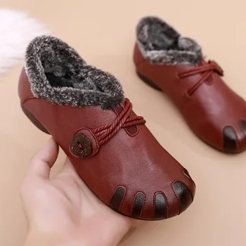 Модерен дамски зимни памучен обувки, плюшен топло нескользящая кожени обувки, дамски ежедневни обувки за възрастни хора в плоска подметка, однотонная дамски обувки