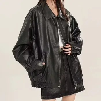 Реколта яке от изкуствена кожа, дамски високотехнологичен облекло за хай стрийт, извънгабаритни байкерские палто в стил пънк, свободна ежедневни укороченная на горно облекло