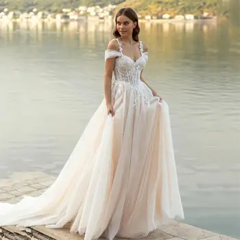 Направен по поръчка на сватбени рокли в стил бохо, Трапециевидные бретельки с открити рамене, апликации, beading, сватбената рокля Vestidos De Noiva