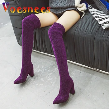 Зимни нови плюшени ботфорты над коляното, възли еластични обувки на висок ток с дължина 8,5 см, пикантни модела обувки с остри пръсти, за подиум, модни женски