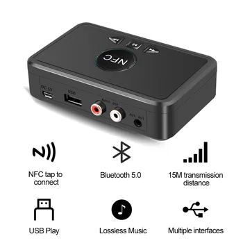 Приемник Bluetooth 5.0 Безжичен аудиоадаптер Bluetooth, 3.5 мм Жак AUX вход RCA Стереоаудиоприемник Hi-Fi за кола с поддръжка на NFC