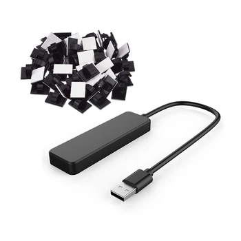 51 Бр Аксесоари: 1 Бр Ултра-USB хъб, 4-Портов USB 2.0 Hub Цвят Черен и 50 Бр Самоклеящийся Кабелна Скоба За кола