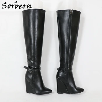 Дамски ботуши Sorbern на танкетке 12 см, до коляното, с остри пръсти и каишка на щиколотке, ежедневни обувки в стил унисекс, индивидуалният широки или приталенная засаждане на краката