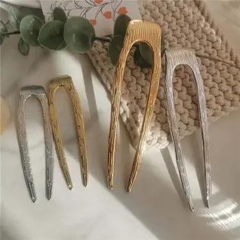 Шапки Сребърни летни U-образни пръчки за коса Hanfu, U-образна родословни в древен стил, метална родословна за коса