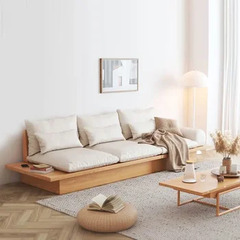 Японски диван, рамка от масивна дървесина, хол, малък апартамент, Просто за съхранение в скандинавски стил, платформа за трима души, плат, дневници, е по-силен