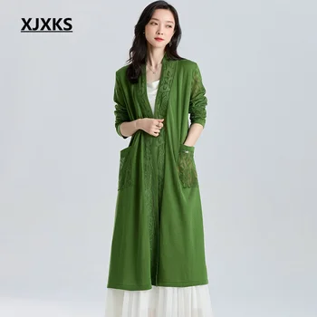XJXKS Модни лейси пролет-есен дамско дълго яке 2023, лятно ново дамско слънцезащитно палто, Универсално темперамент.