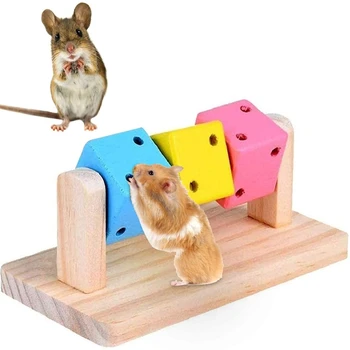 Играчки за малки домашни любимци, Дървена платформа с цветни дървени блокове за Заек, Хамстер, Хамстер, Дегу, Клетка за Зайче, Аксесоари