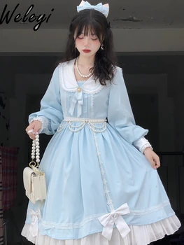 Облекло Jirai Kei Рокля в стил Лолита С дълъг ръкав 2024 Пролет и есен Нова Принцеса Сладък Тъмно Синьо Яка С Дълъг ръкав Средна дължина на Роклята