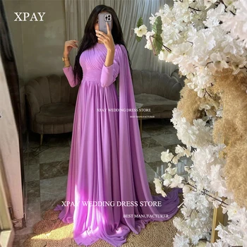 XPAY Скромни Мюсюлманските арабски дамски официални рокли от шифон лавандула цвят, с кръгло деколте и дълги ръкави-накидками, прости рокли за абитуриентски бал, парти рокля за парти