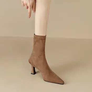Есенно-зимни дамски ботильоны от еластична тъкан, чубрица къса обувки с остри пръсти, модни вечерни обикновена чорапи и обувки с високи токчета, Ботас