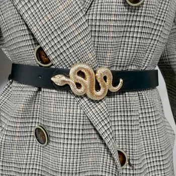 Елегантен женски колан материал PU Европейски и американски змия творчески ретро колан, Дамски панталони бутон игла колан
