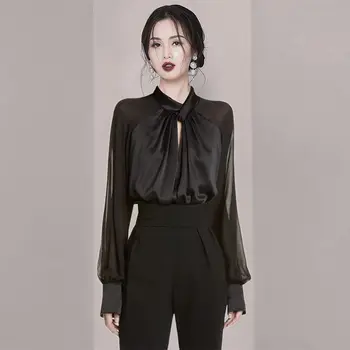 Комплект модерен чужбина нишевой блузи в стил Хепбърн 2023, пролетен женски топ и панталон, комплект от две части, дамски блуза