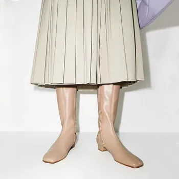 Arden Фуртадо/ 2023 Зимни дамски ботуши до коляното с телесен цвят с квадратни пръсти и страничния цип на гъст средно токчета, модерни ботуши голям размер