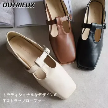 Дамски обувки-лодка SimpleSoft от естествена кожа и интериор в Японски стил с Квадратни пръсти в ретро стил и Т-образно каишка Mary Jane, Женски обувки на плоска подметка