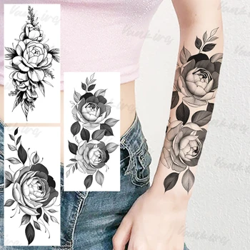 Временни татуировки под формата на черно цвете за жени и момичета, Реалистичен Прехвърляне на вода под формата на Георгина, Фалшива татуировка, стикер на ръка, татуировки по тялото си, творческо писане