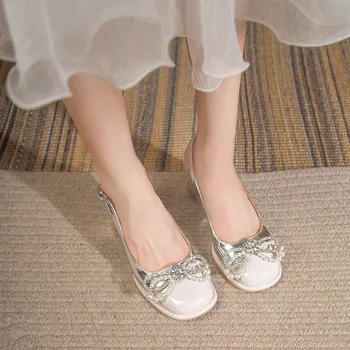 BCEBYL/ Нови модни сандали с кръгла пръсти, украсени с перли, кристали и лък, Лятна чубрица Елегантни вечерни дамски обувки на висок ток