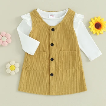 Облекло от 2 теми за малките момичета, гащеризон с дълги ръкави и набори, рокля-риза копчета, есенно-пролетно облекло