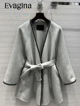 Evagina/ Есенно-зимно Модно дизайнерско сиво свободно палто в стил кэжуал, женски жилетка с V-образно деколте в стаята, безплатно случайни жилетка с дълъг ръкав